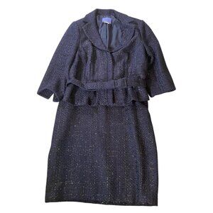 Kay Unger New York Boucle Skirt Suit Belt Blue Silver Sparkle Size 18